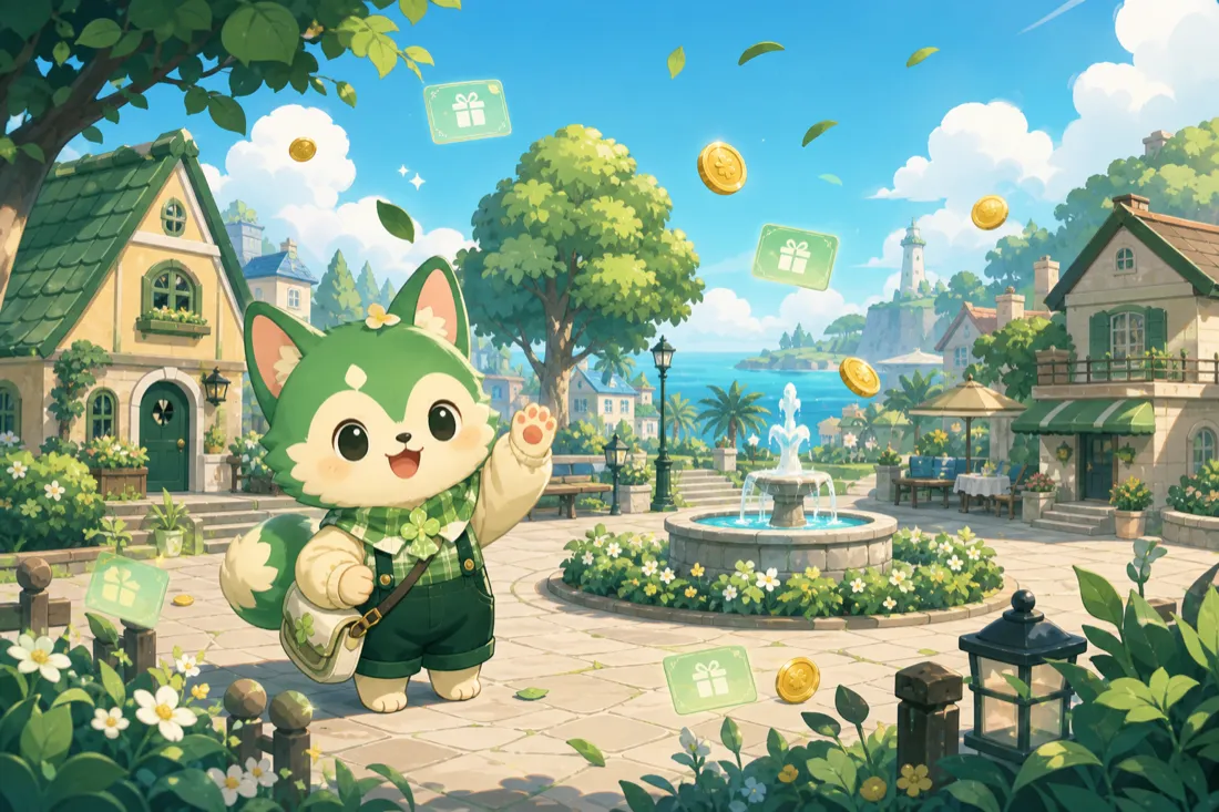 Cute original animal villager in a cozy island town with floating gift-card rewards
